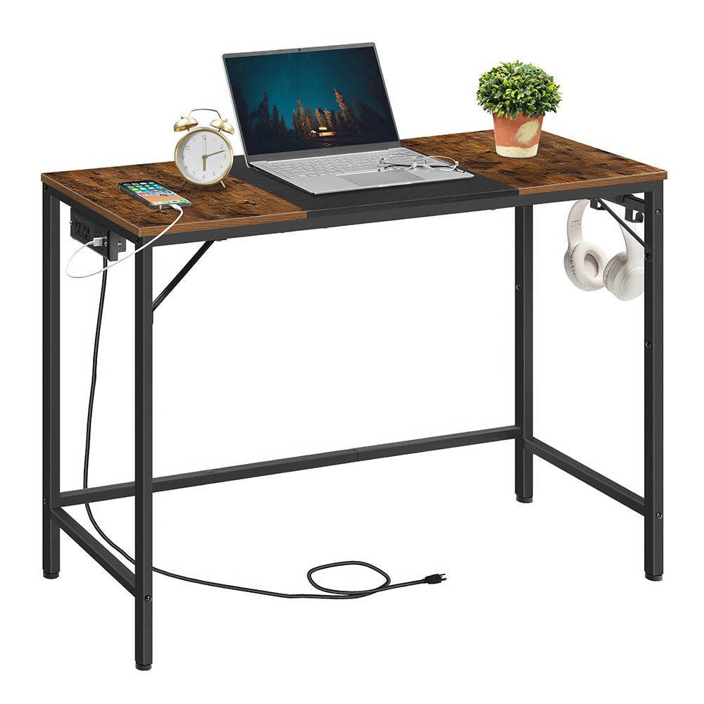 39" Computer Desk with Power Outlet & Hooks, Rustic Brown & Black