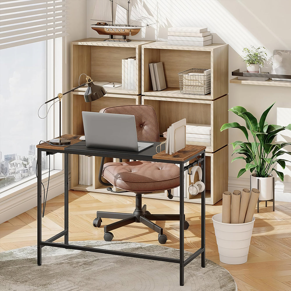 39" Computer Desk with Power Outlet & Hooks, Rustic Brown & Black