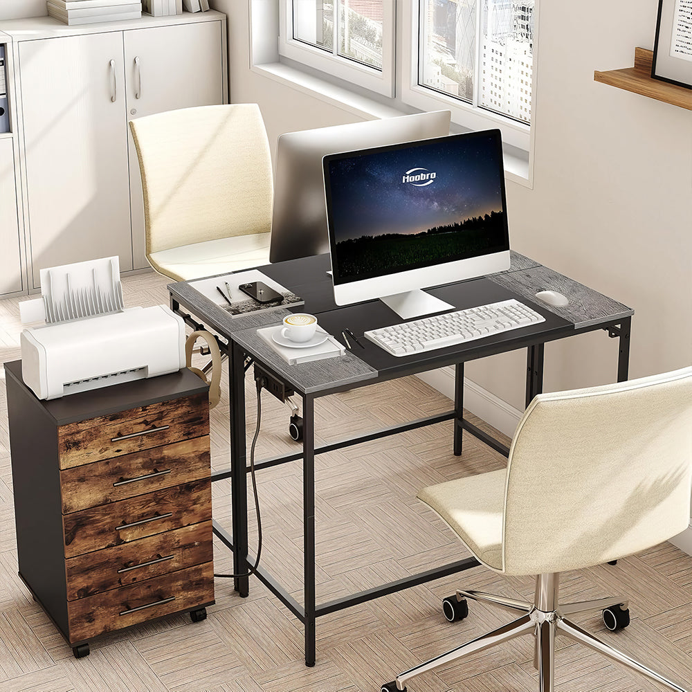 39" Computer Desk with Power Outlet & Hooks, Rustic Brown & Black