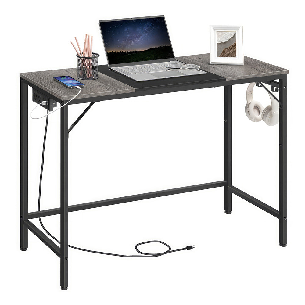 39" Computer Desk with Power Outlet & Hooks, Rustic Brown & Black