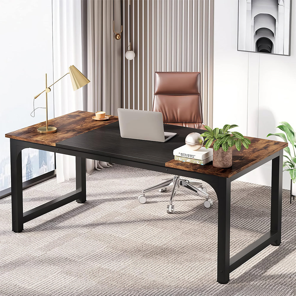 63" Large Executive Office Desk, Rustic Brown and Black Finish