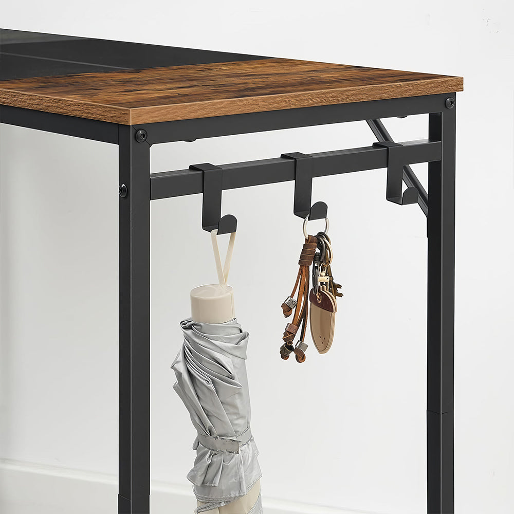 39" Computer Desk with Power Outlet & Hooks, Rustic Brown & Black