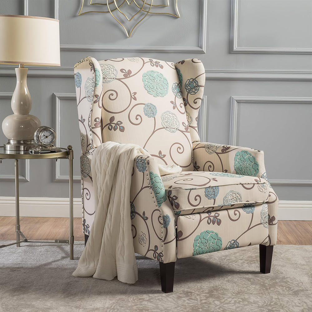 Traditional Wingback Recliner Chair with Nailhead Trim, Pushback