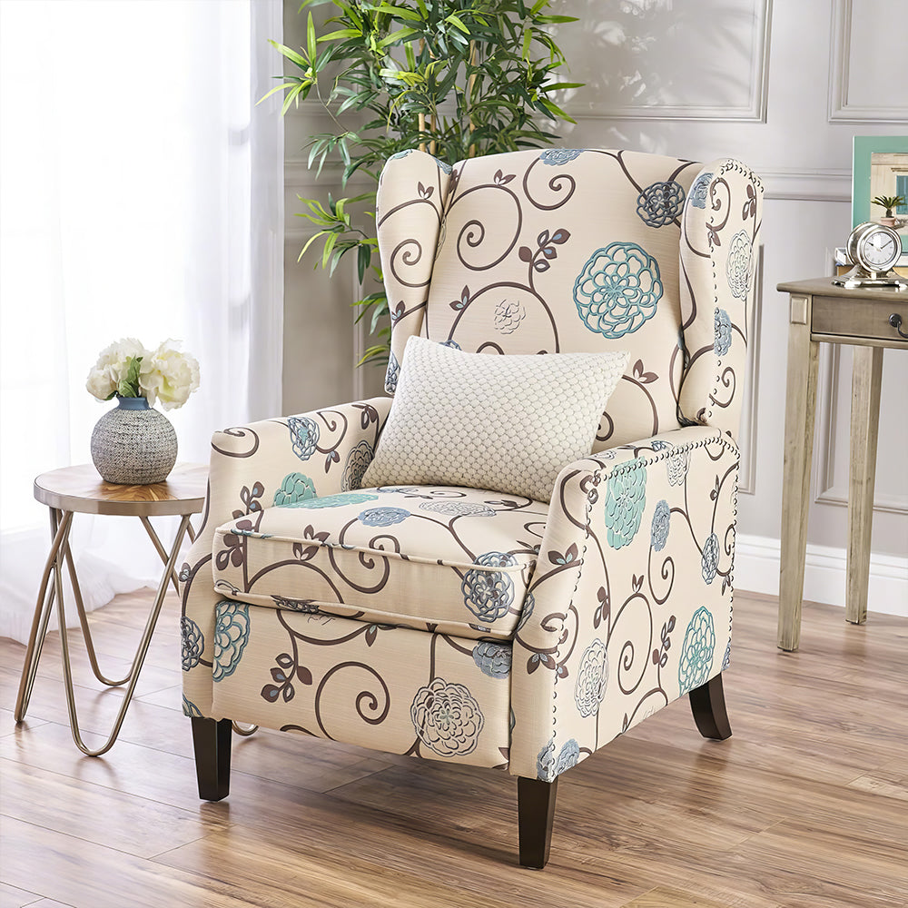 Traditional Wingback Recliner Chair with Nailhead Trim, Pushback