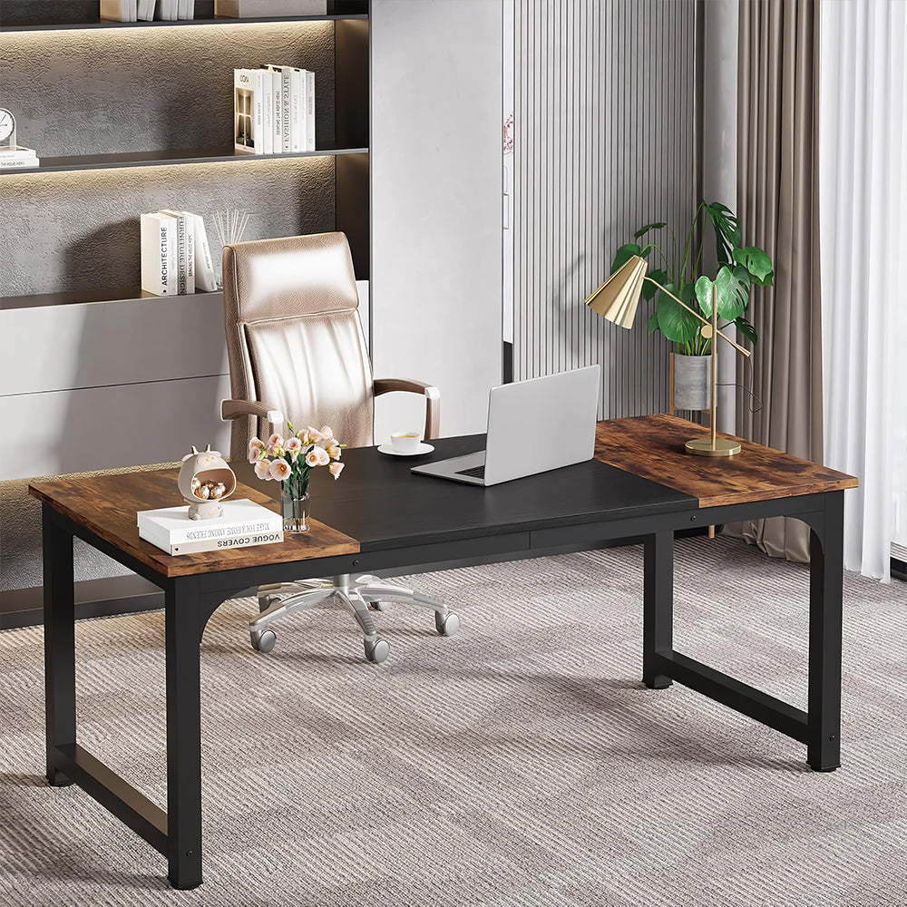 63" Large Executive Office Desk, Rustic Brown and Black Finish