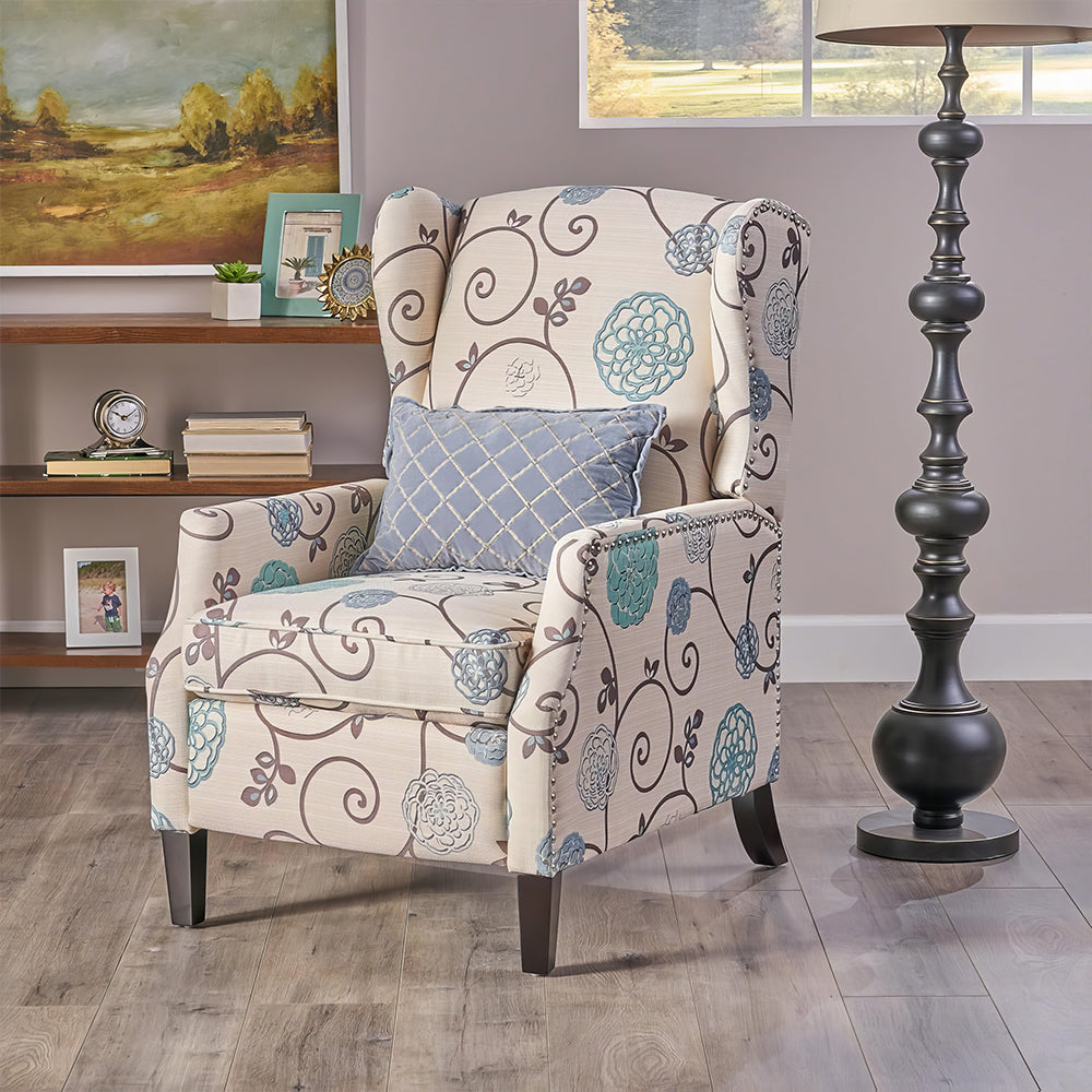 Traditional Wingback Recliner Chair with Nailhead Trim, Pushback