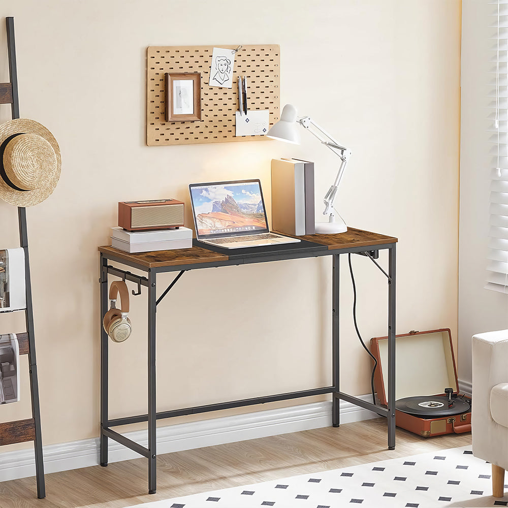 39" Computer Desk with Power Outlet & Hooks, Rustic Brown & Black