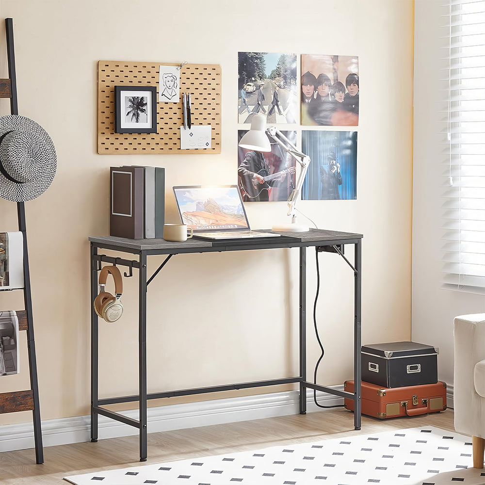 39" Computer Desk with Power Outlet & Hooks, Rustic Brown & Black