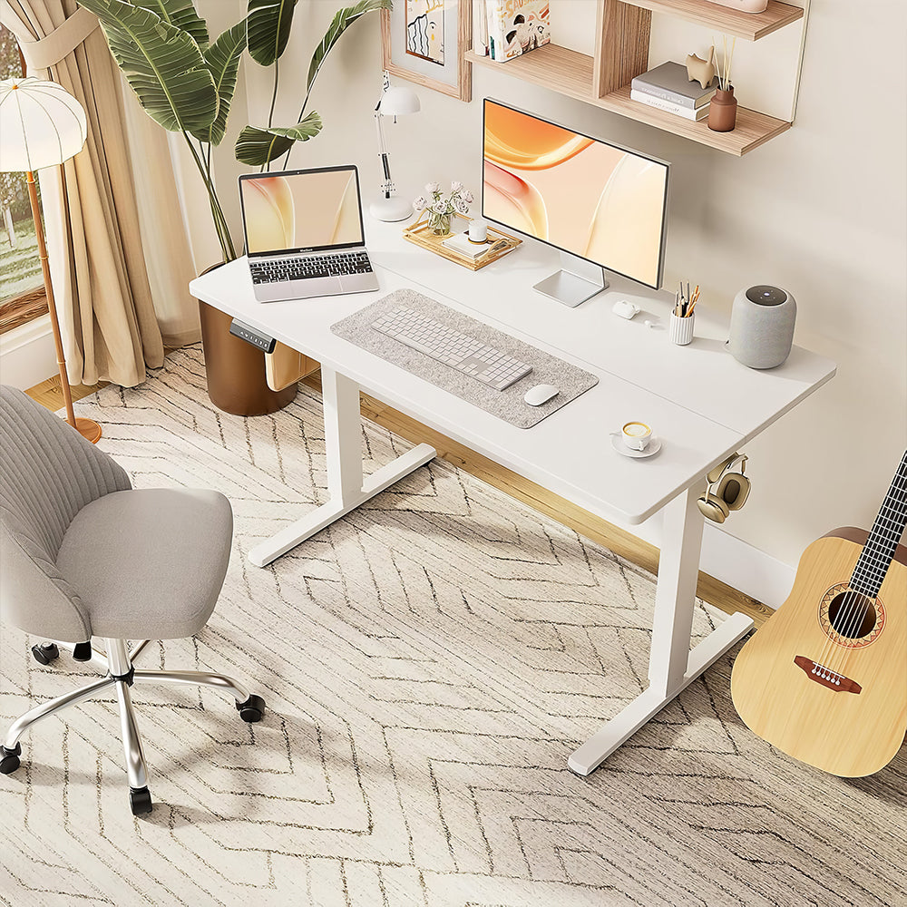 Electric Standing Desk 55"x24" with Height Memory & Hooks, White
