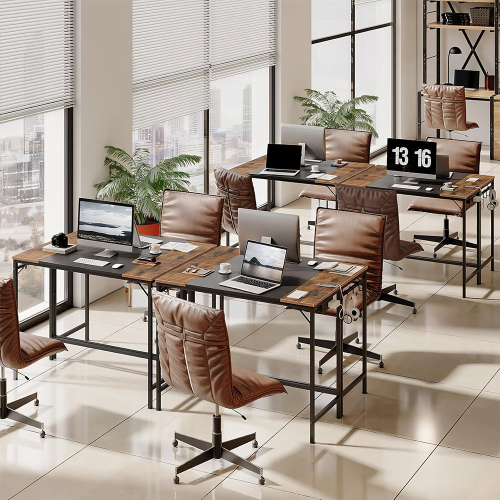 39" Computer Desk with Power Outlet & Hooks, Rustic Brown & Black