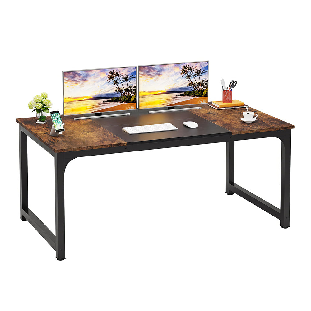 63" Large Executive Office Desk, Rustic Brown and Black Finish