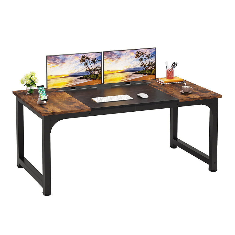 63" Large Executive Office Desk, Rustic Brown and Black Finish